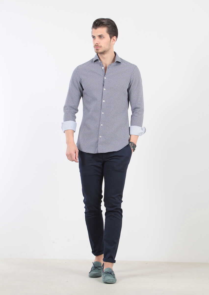 Lacivert Baskılı Slim Fit Dokuma Casual %100 Pamuk Gömlek - 4