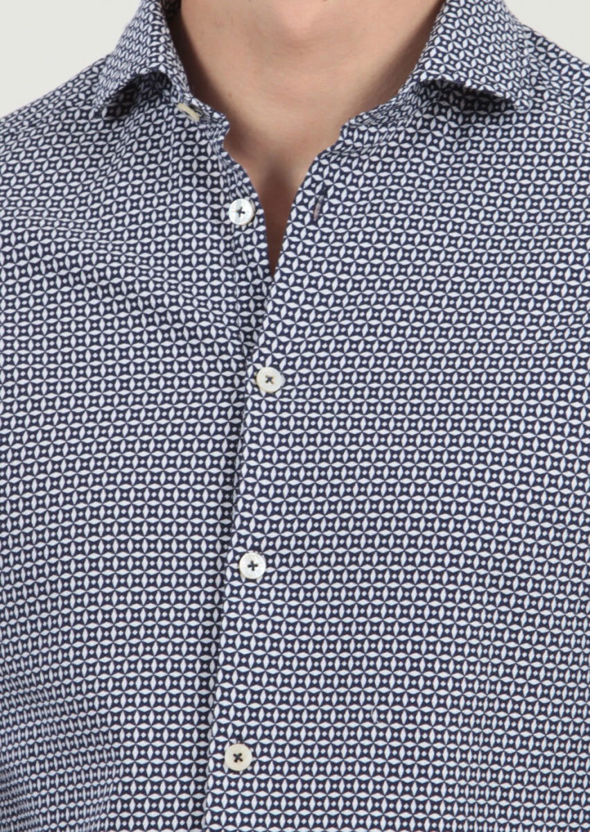 Lacivert Baskılı Slim Fit Dokuma Casual %100 Pamuk Gömlek - 5