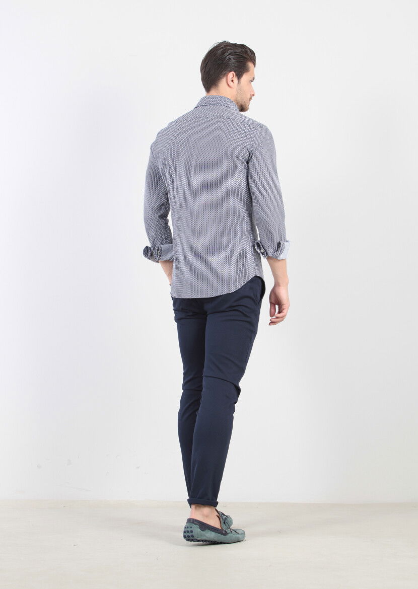 Lacivert Baskılı Slim Fit Dokuma Casual %100 Pamuk Gömlek - 6