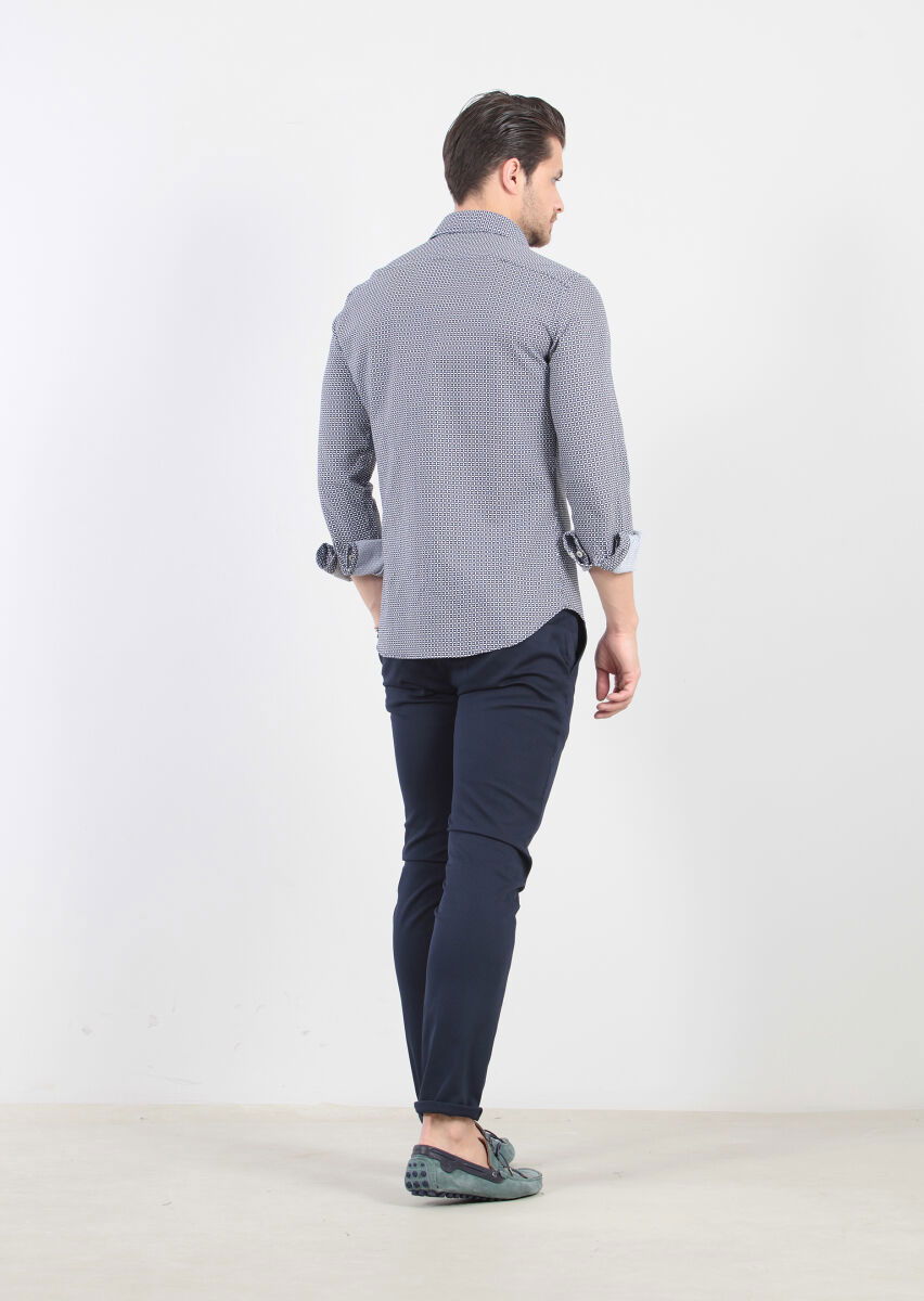 Lacivert Baskılı Slim Fit Dokuma Casual %100 Pamuk Gömlek - 6
