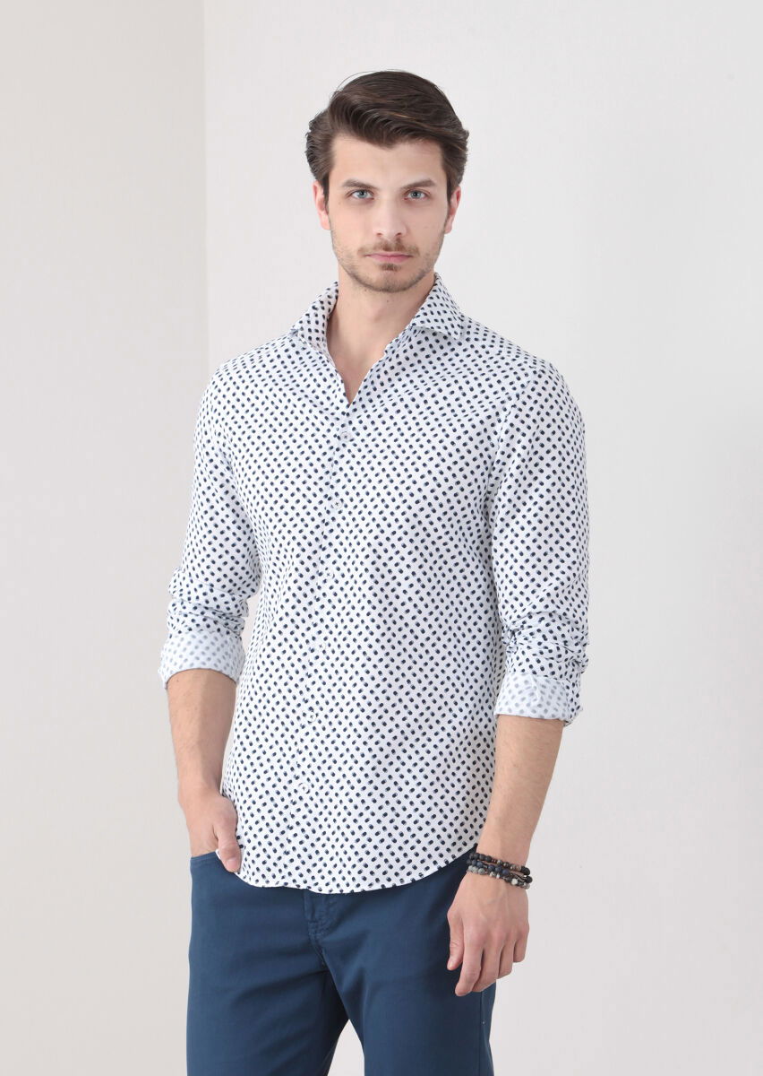 Lacivert Baskılı Slim Fit Dokuma Casual %100 Pamuk Gömlek - 1