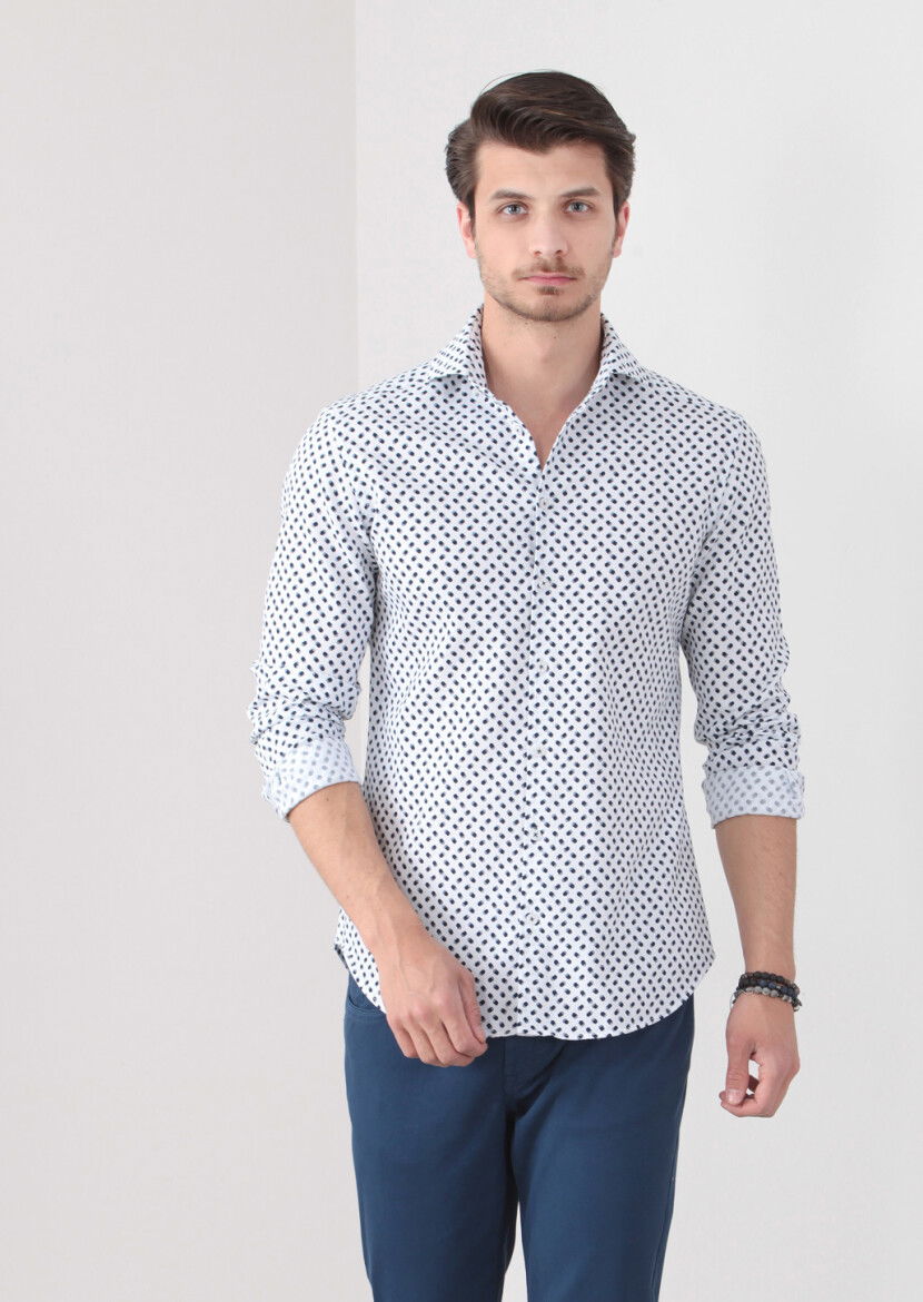 Lacivert Baskılı Slim Fit Dokuma Casual %100 Pamuk Gömlek - 3