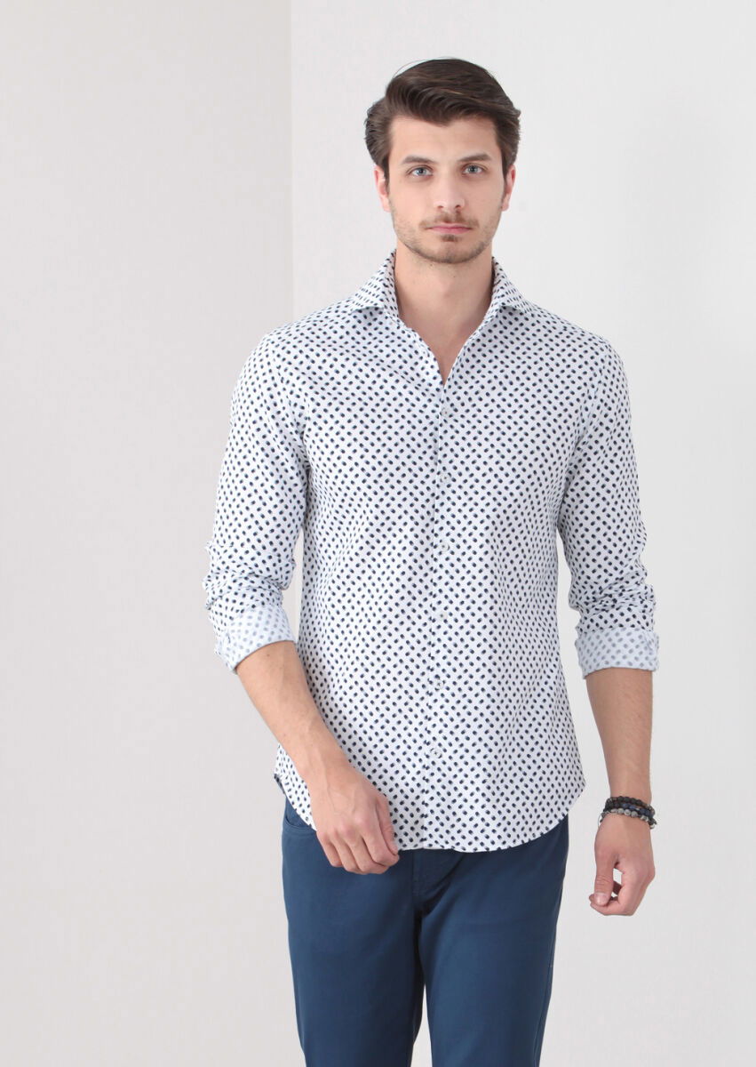 Lacivert Baskılı Slim Fit Dokuma Casual %100 Pamuk Gömlek - 3