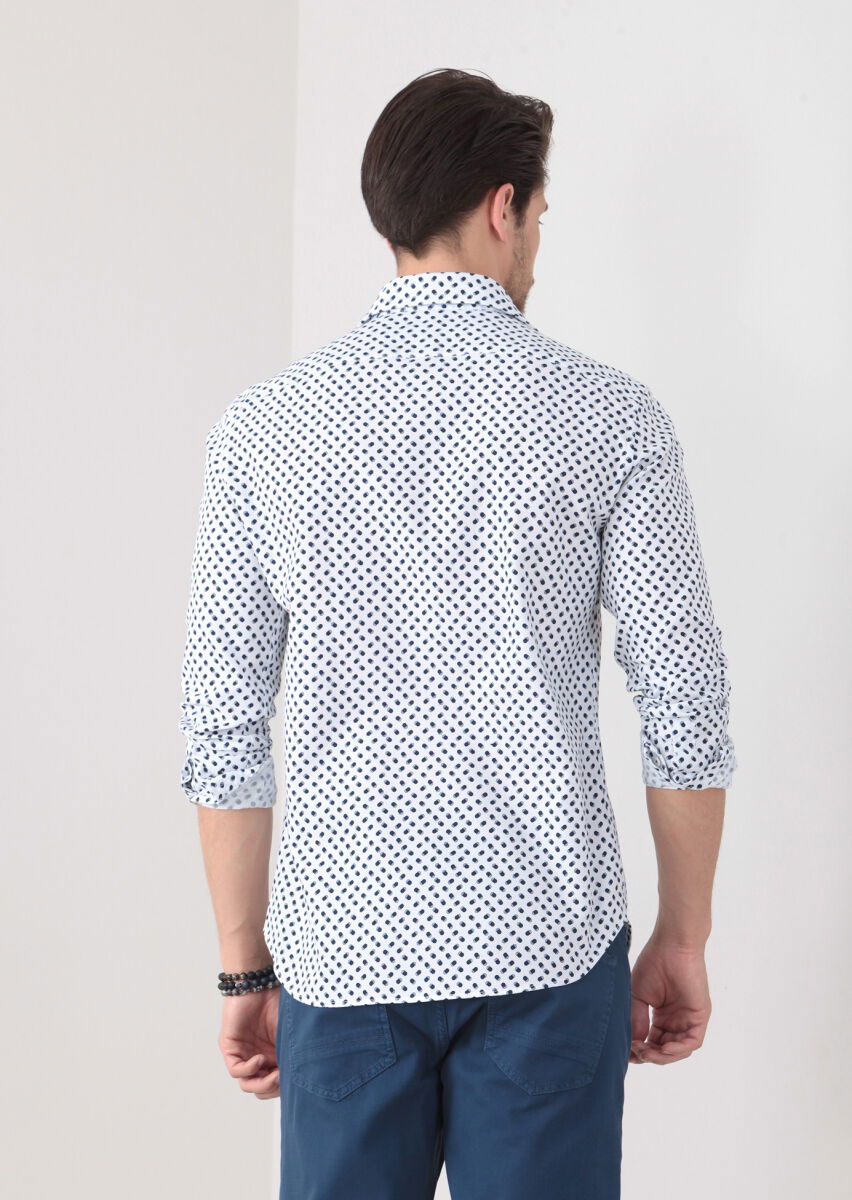Lacivert Baskılı Slim Fit Dokuma Casual %100 Pamuk Gömlek - 5
