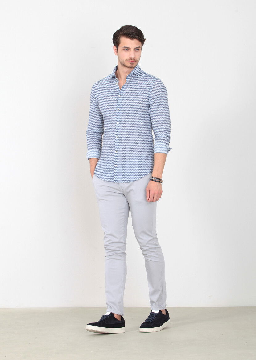 Lacivert Baskılı Slim Fit Dokuma Casual %100 Pamuk Gömlek 