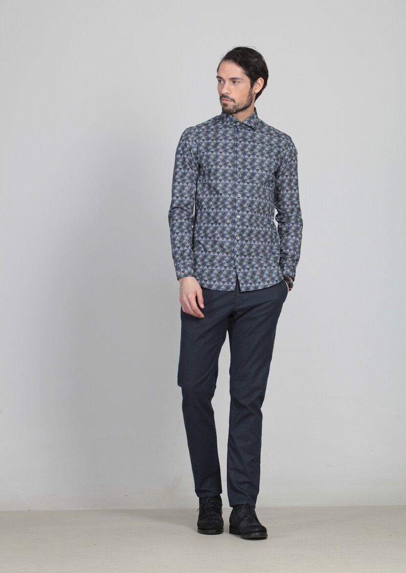 Lacivert Baskılı Slim Fit Dokuma Casual %100 Pamuk Gömlek 