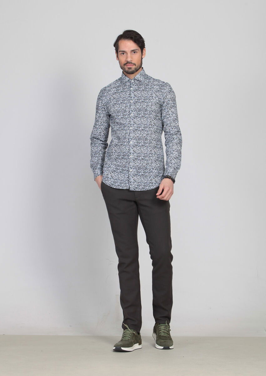Lacivert Baskılı Slim Fit Dokuma Casual %100 Pamuk Gömlek - 2