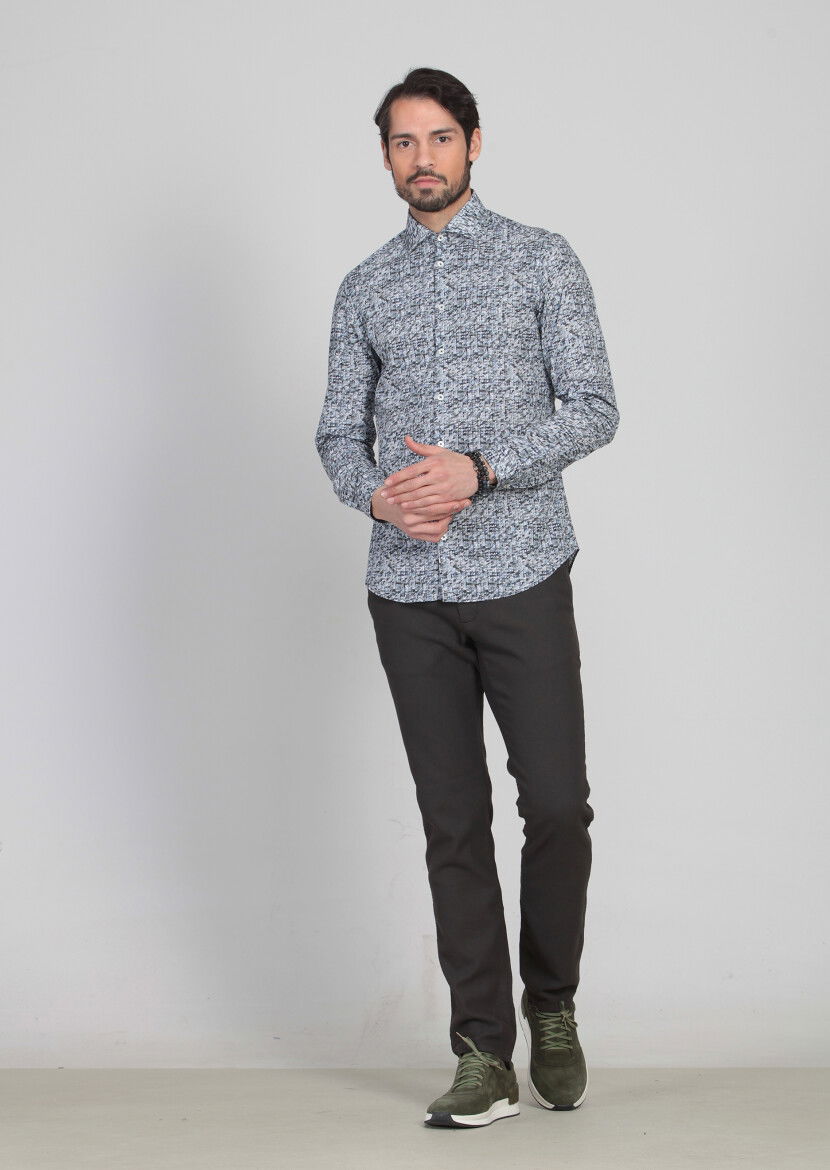 Lacivert Baskılı Slim Fit Dokuma Casual %100 Pamuk Gömlek - 3