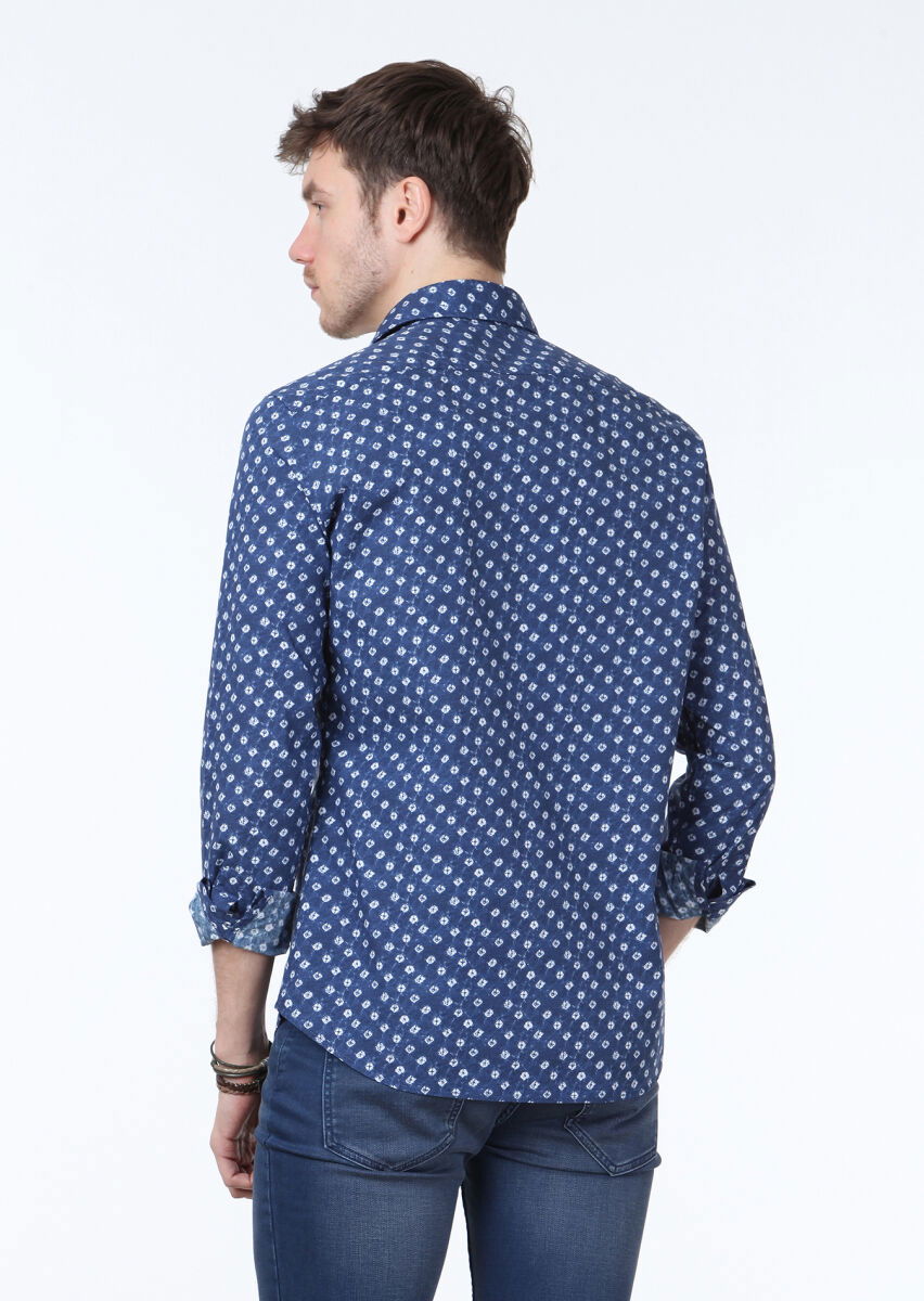Lacivert Baskılı Slim Fit Dokuma Casual %100 Pamuk Gömlek - 4