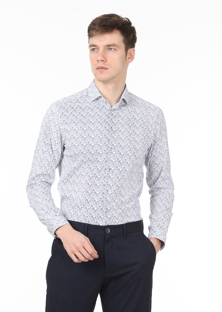 Lacivert Baskılı Slim Fit Dokuma Casual %100 Pamuk Gömlek - 1