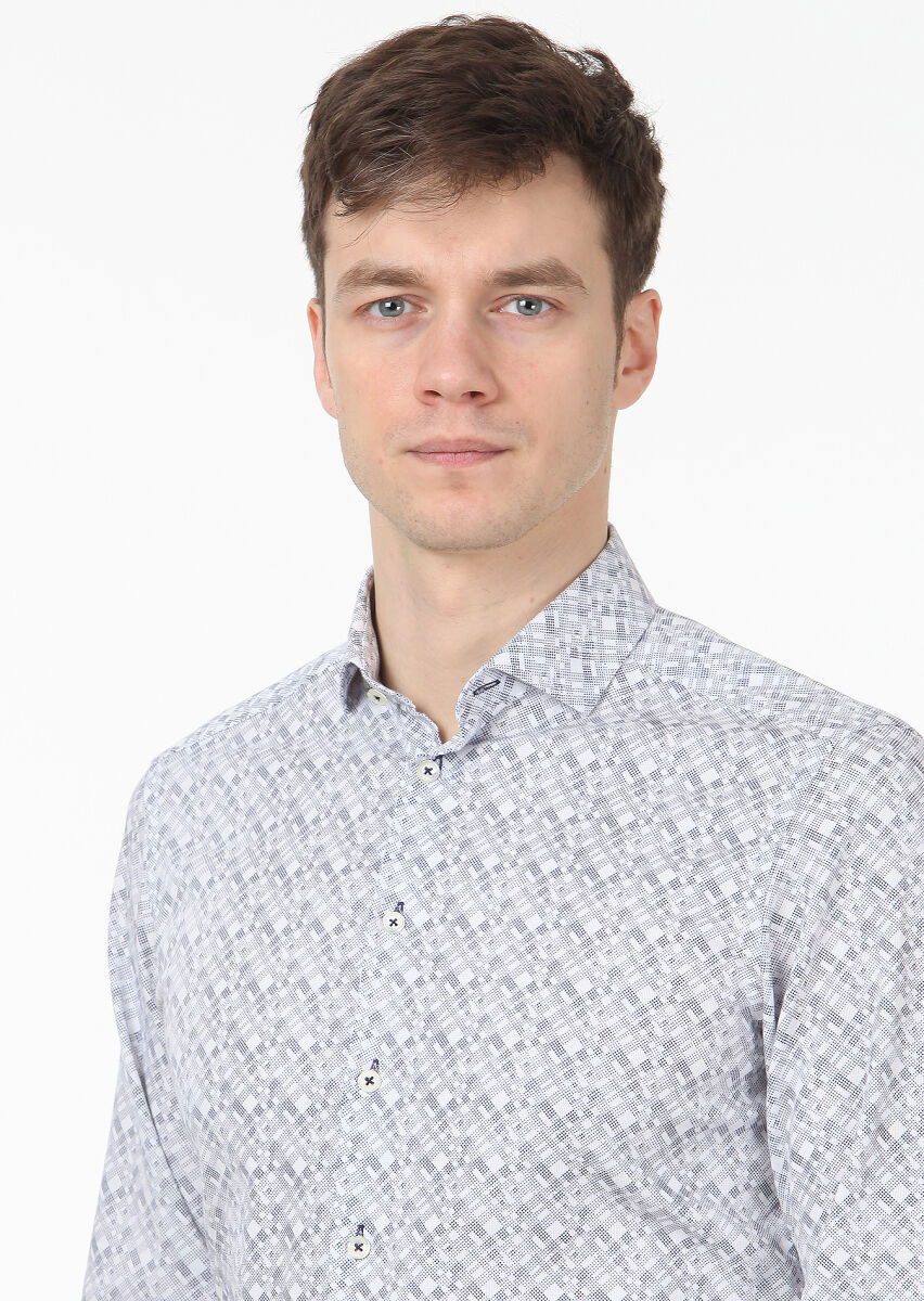 Lacivert Baskılı Slim Fit Dokuma Casual %100 Pamuk Gömlek - 2