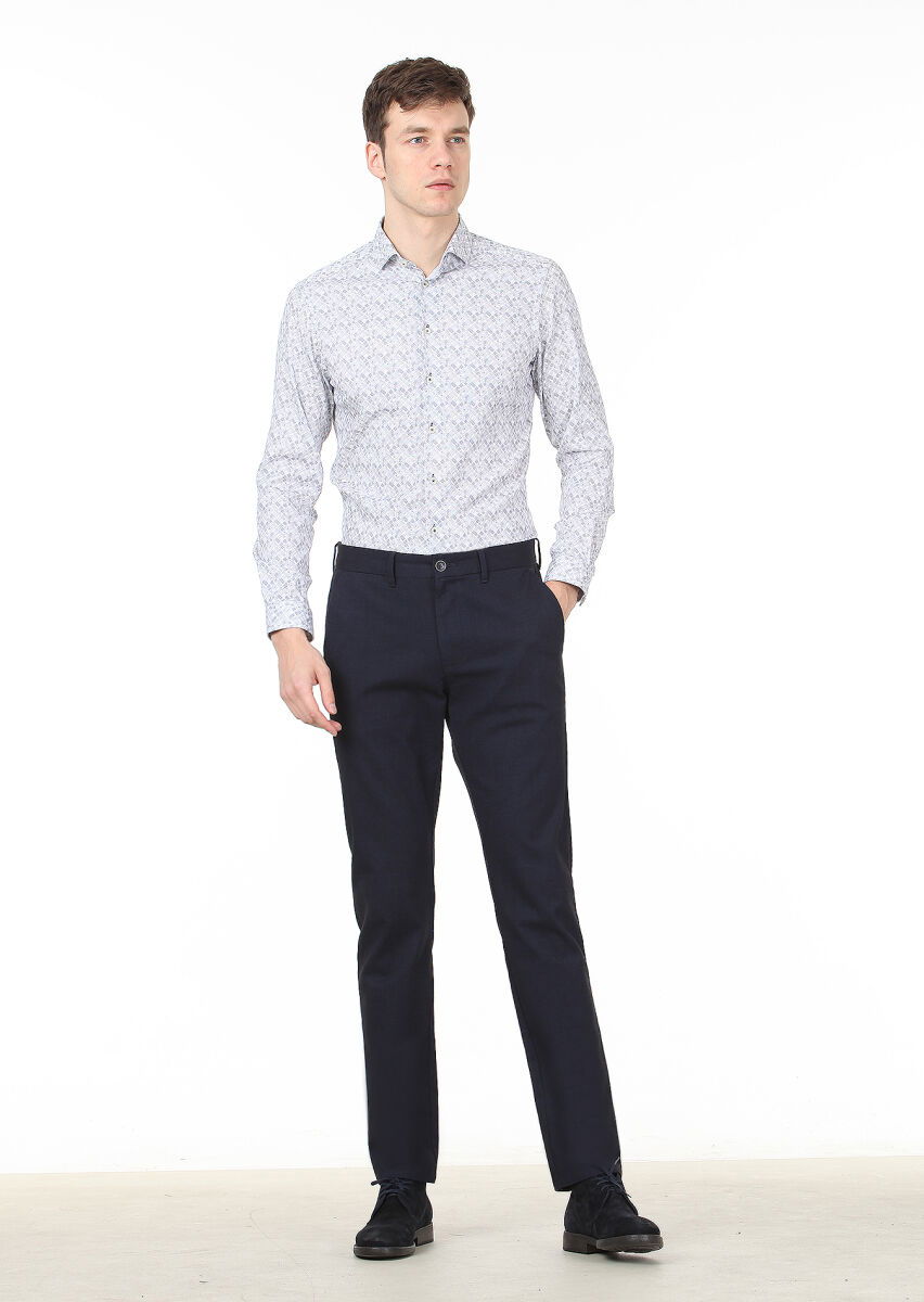 Lacivert Baskılı Slim Fit Dokuma Casual %100 Pamuk Gömlek - 3