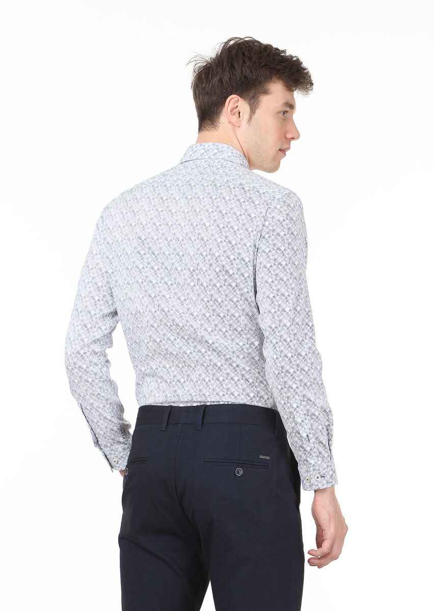 Lacivert Baskılı Slim Fit Dokuma Casual %100 Pamuk Gömlek - 4