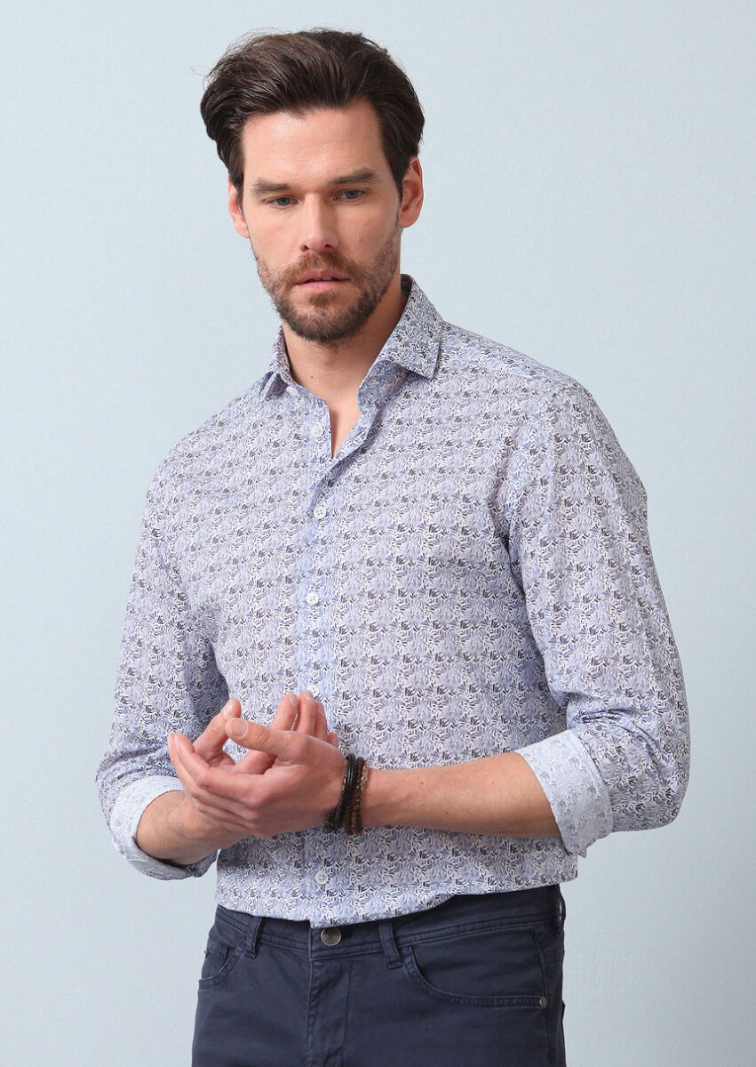 Lacivert Baskılı Slim Fit Dokuma Casual %100 Pamuk Gömlek - 1