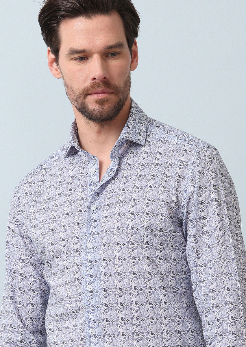 Lacivert Baskılı Slim Fit Dokuma Casual %100 Pamuk Gömlek - 3