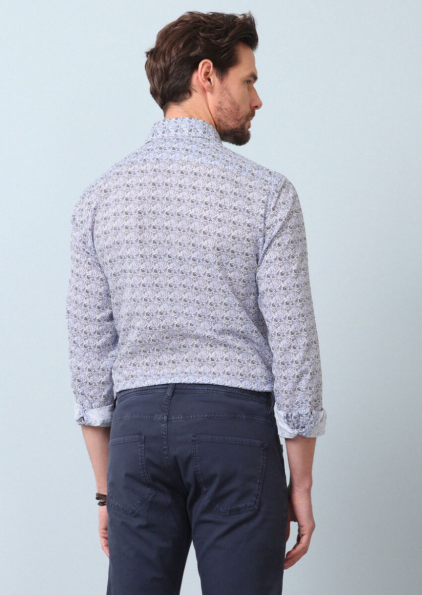 Lacivert Baskılı Slim Fit Dokuma Casual %100 Pamuk Gömlek - 7