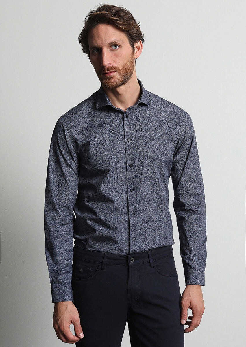 Lacivert Baskılı Slim Fit Dokuma Casual %100 Pamuk Gömlek - 1