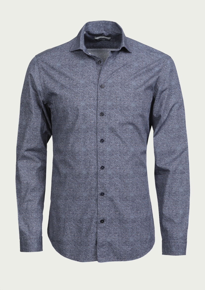 Lacivert Baskılı Slim Fit Dokuma Casual %100 Pamuk Gömlek - 6