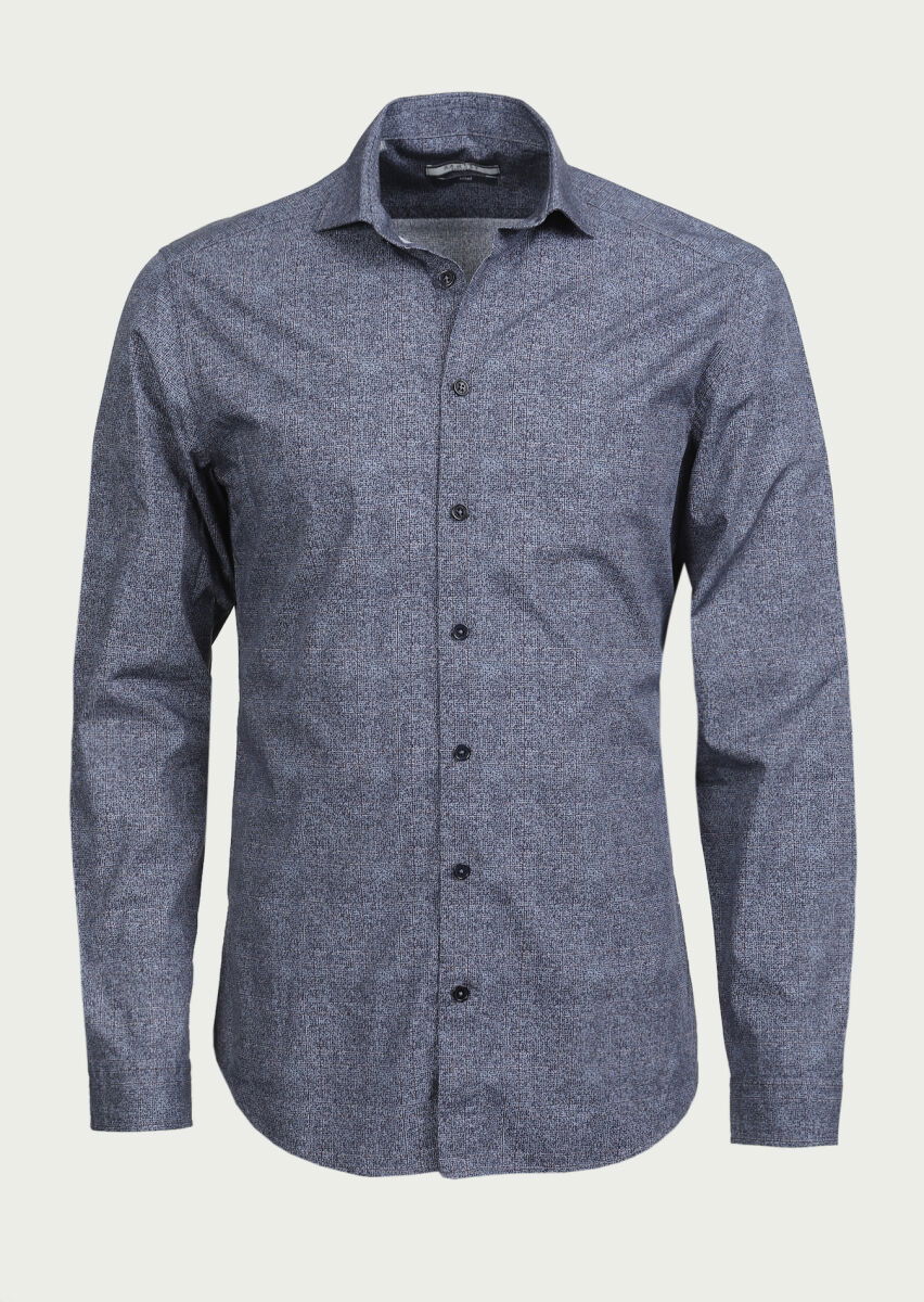 Lacivert Baskılı Slim Fit Dokuma Casual %100 Pamuk Gömlek - 6