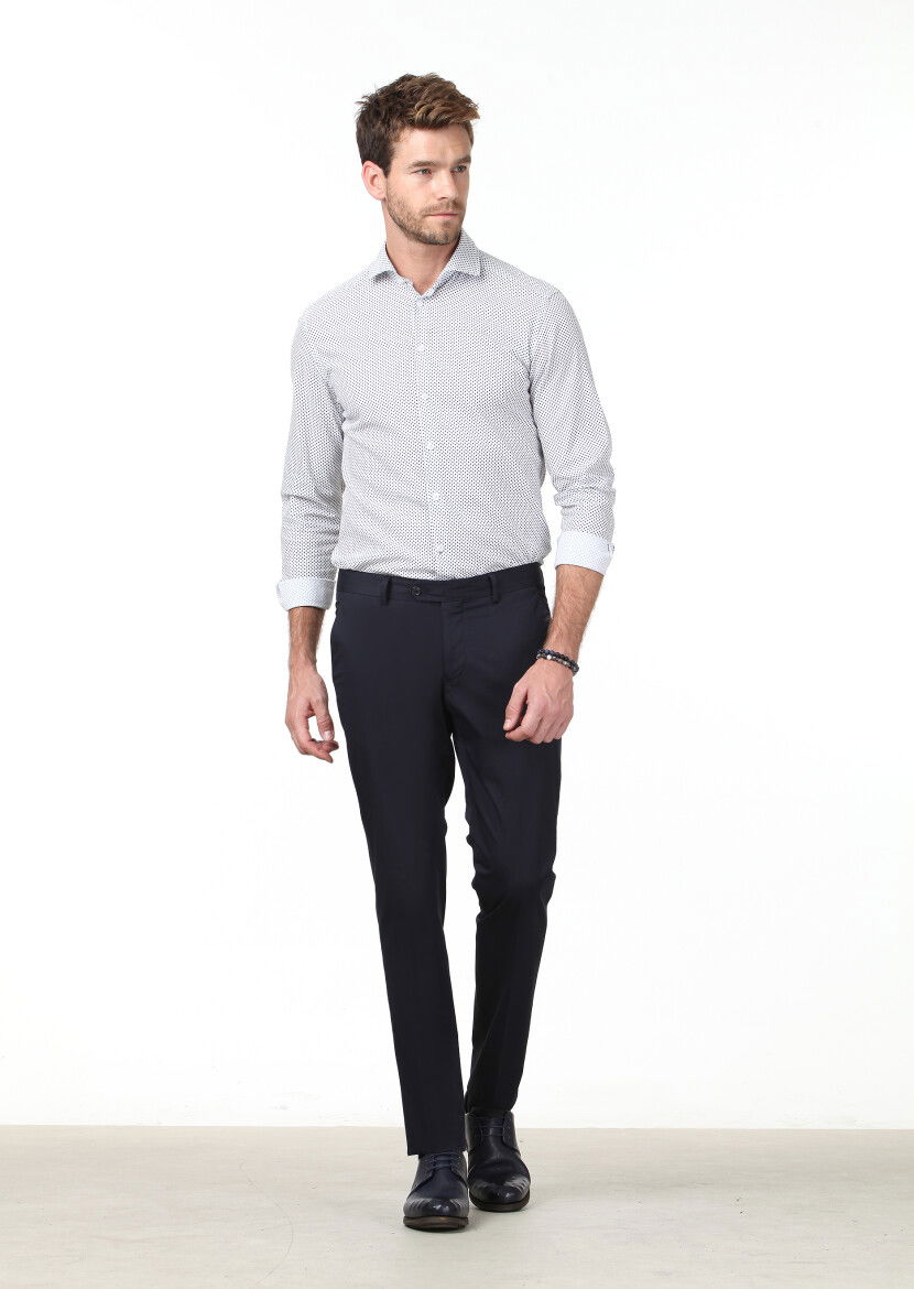 Lacivert Baskılı Slim Fit Dokuma Casual Pamuk Karışımlı Gömlek - 2