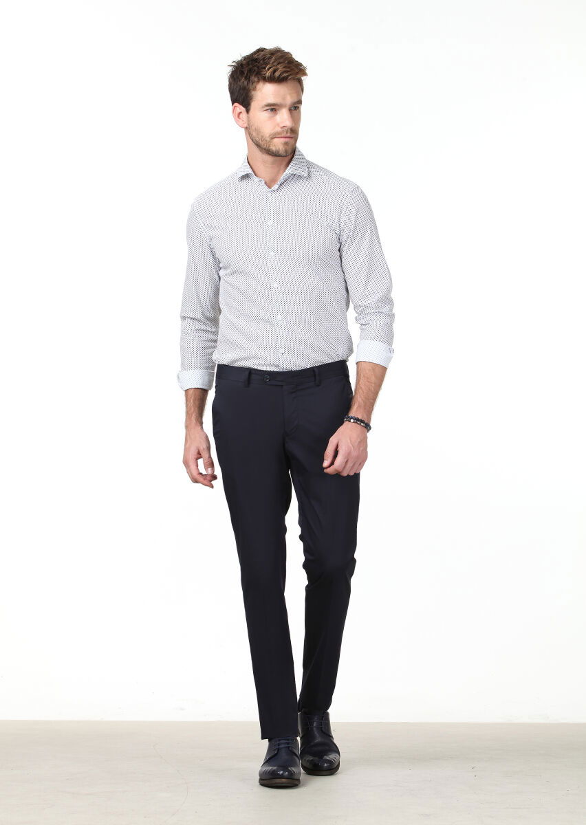 Lacivert Baskılı Slim Fit Dokuma Casual Pamuk Karışımlı Gömlek - 2