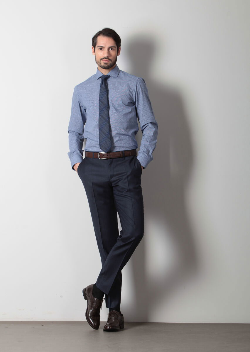 Lacivert Baskılı Slim Fit Dokuma Klasik %100 Pamuk Gömlek - 3