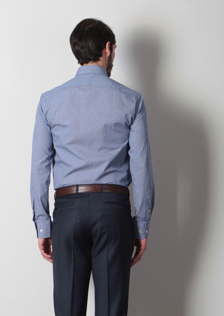 Lacivert Baskılı Slim Fit Dokuma Klasik %100 Pamuk Gömlek - 5