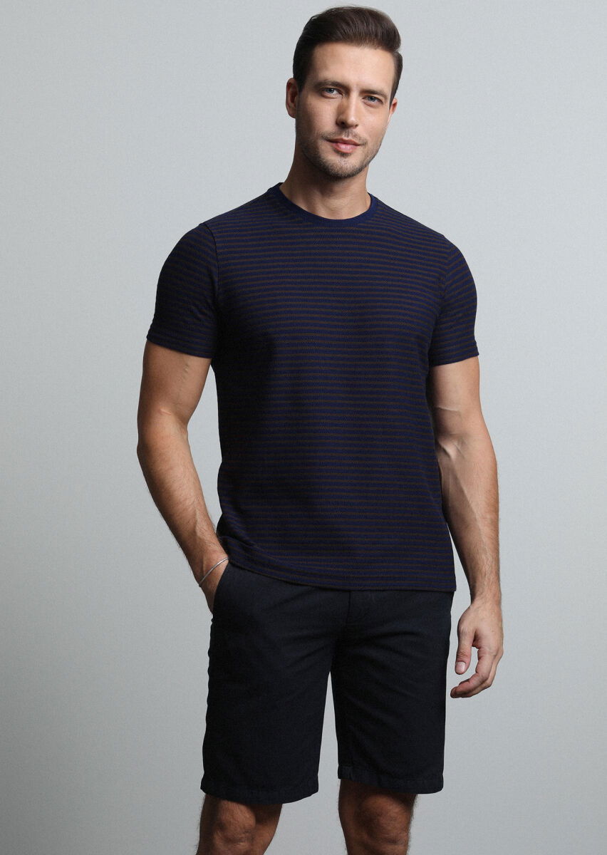 Lacivert Çizgili %100 Pamuk T-Shirt - 1