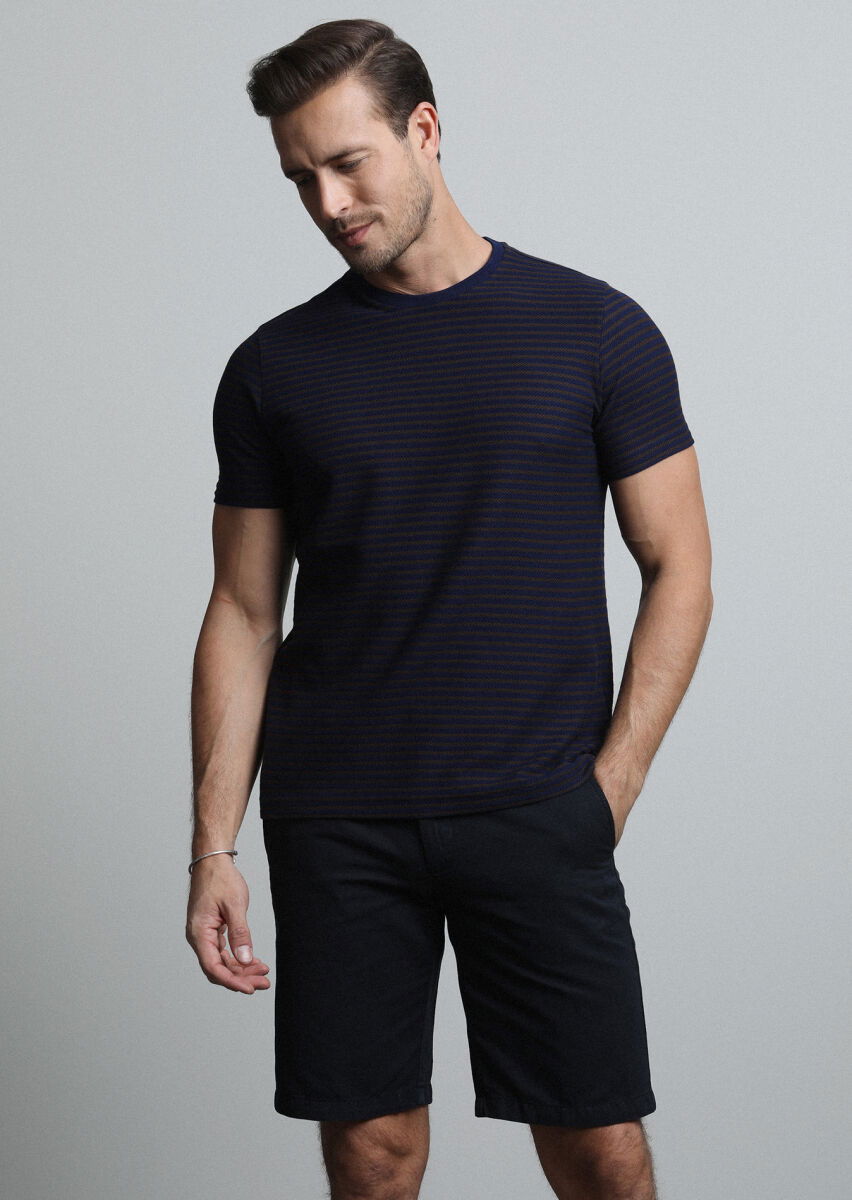 Lacivert Çizgili %100 Pamuk T-Shirt - 3