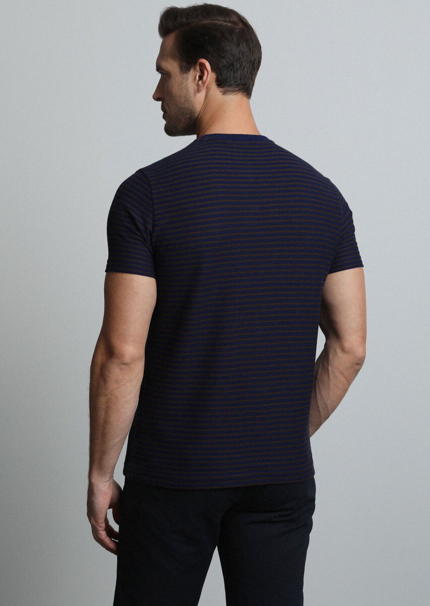 Lacivert Çizgili %100 Pamuk T-Shirt - 5