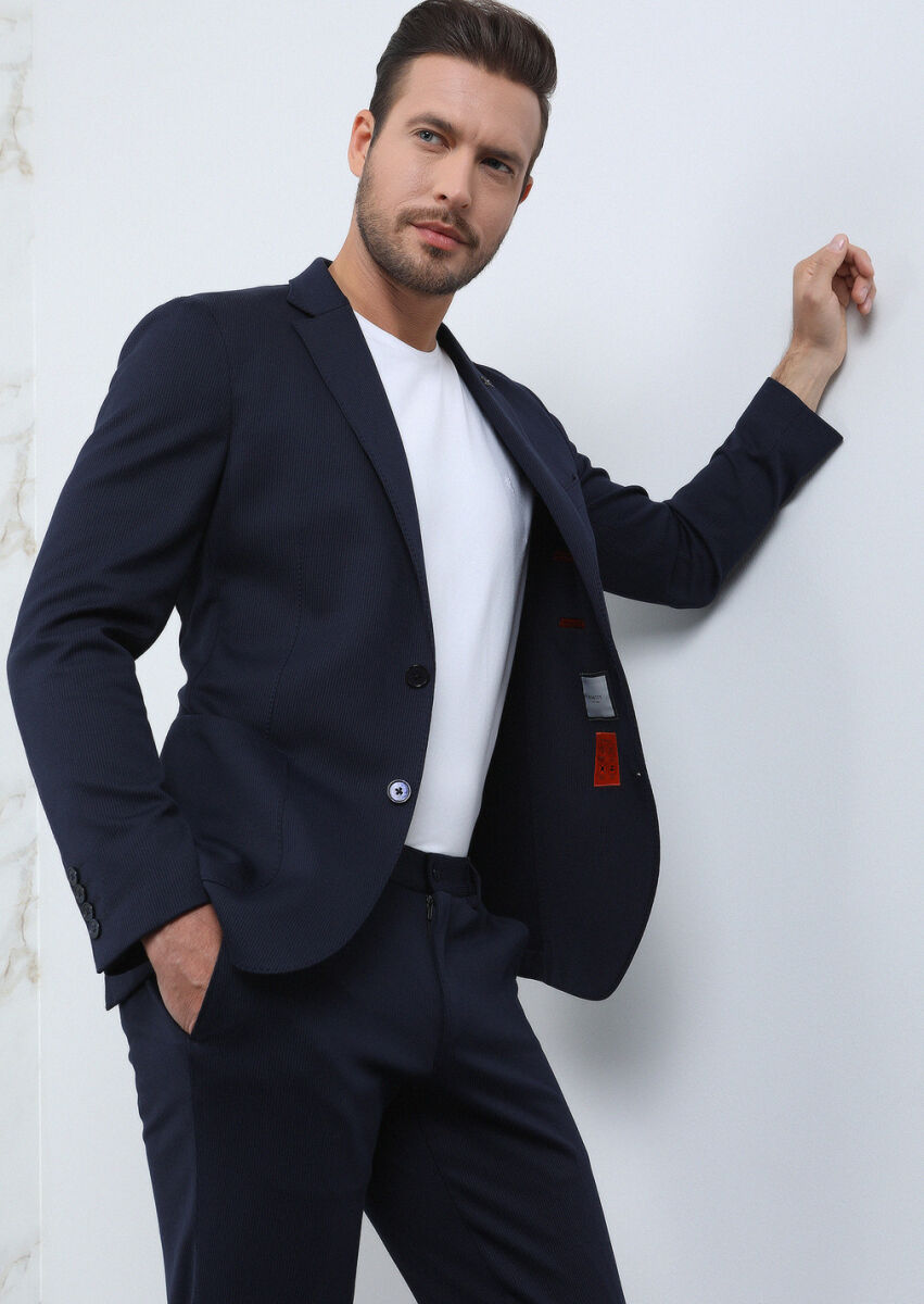 Lacivert Çizgili Comfort Fit Pamuk Karışımlı Örme Takım Elbise - 1