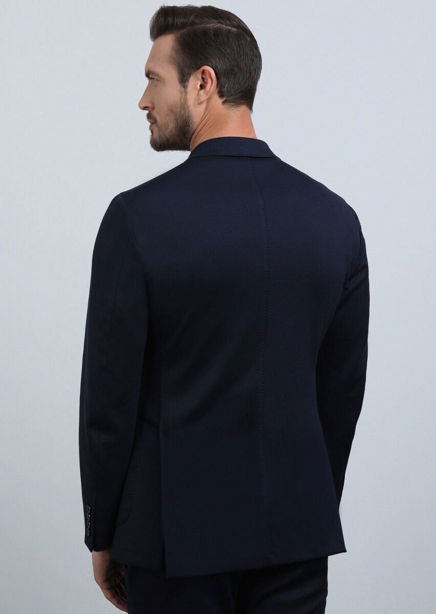 Lacivert Çizgili Comfort Fit Pamuk Karışımlı Örme Takım Elbise - 5