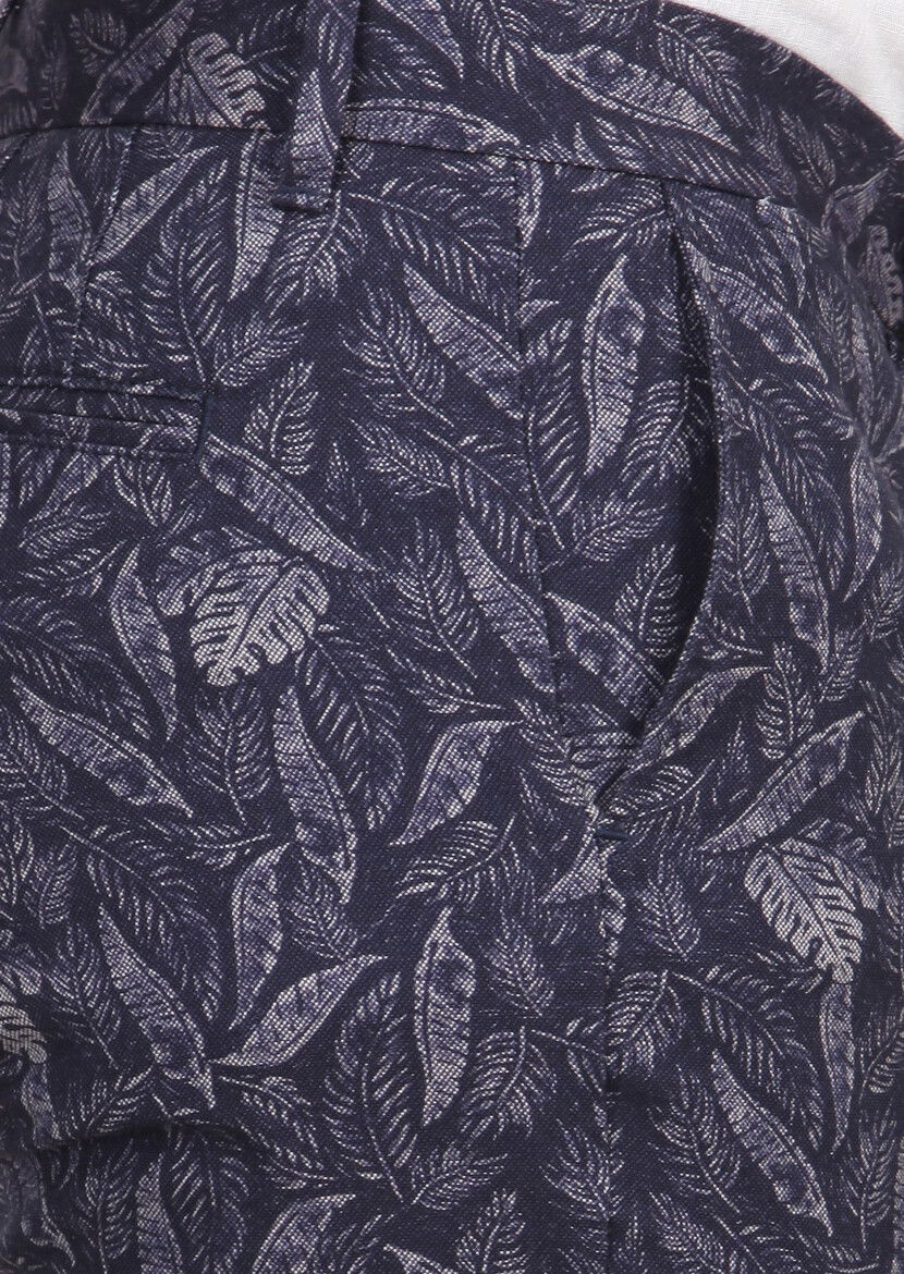 Lacivert Çizgili Dokuma Regular Fit Casual %100 Pamuk Bermuda - 4
