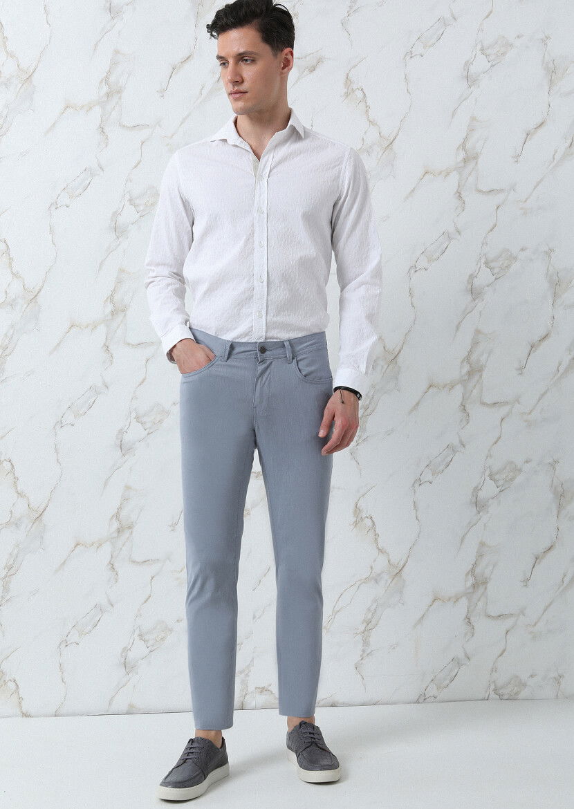 Lacivert Çizgili Dokuma Slim Fit Casual Pamuk Karışımlı Pantolon - 1