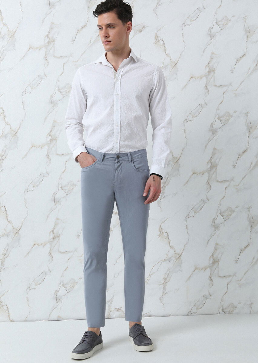 Lacivert Çizgili Dokuma Slim Fit Casual Pamuk Karışımlı Pantolon - 1