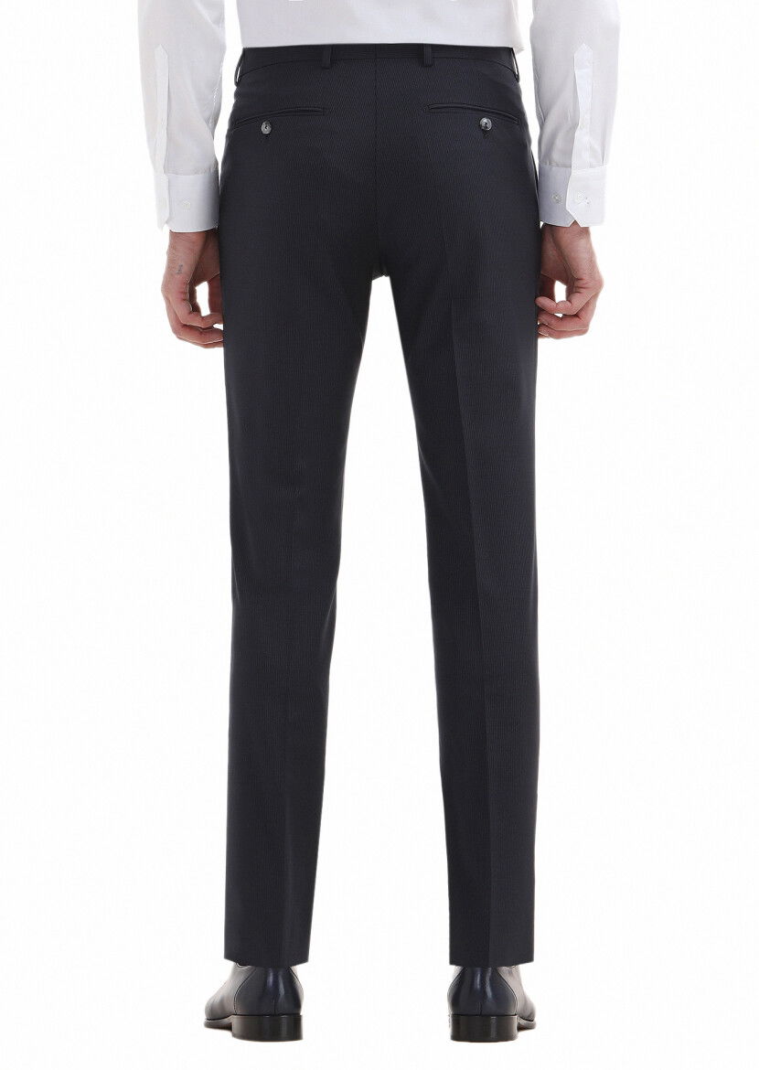 Lacivert Çizgili Kumaş Modern Fit Klasik Yün Karışımlı Pantolon - 4