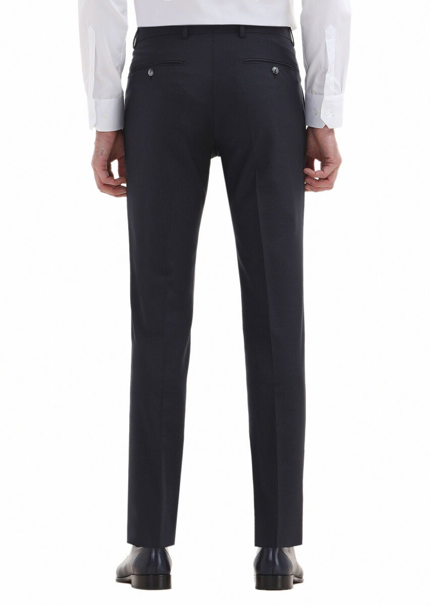Lacivert Çizgili Kumaş Modern Fit Klasik Yün Karışımlı Pantolon - 4