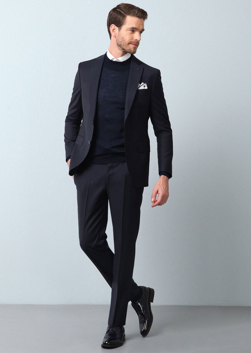 Lacivert Çizgili Modern Fit %100 Yün Takım Elbise - 1
