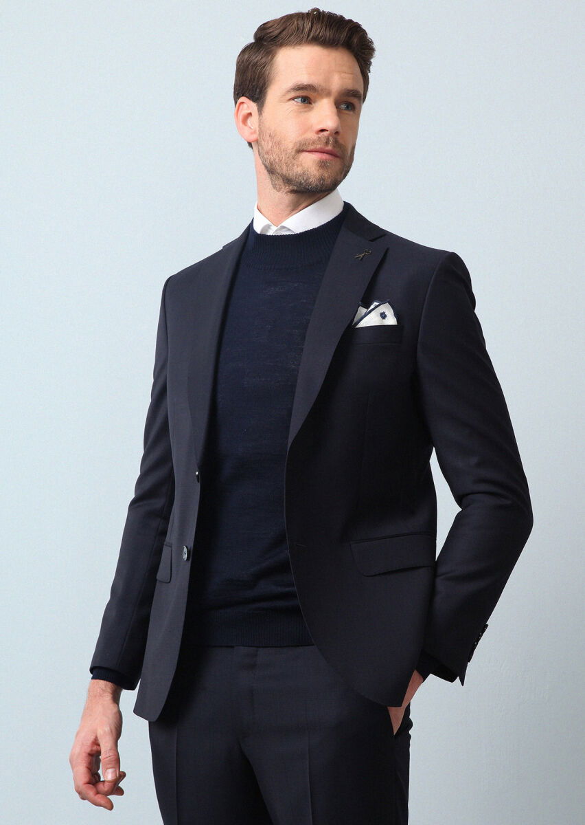 Lacivert Çizgili Modern Fit %100 Yün Takım Elbise - 2