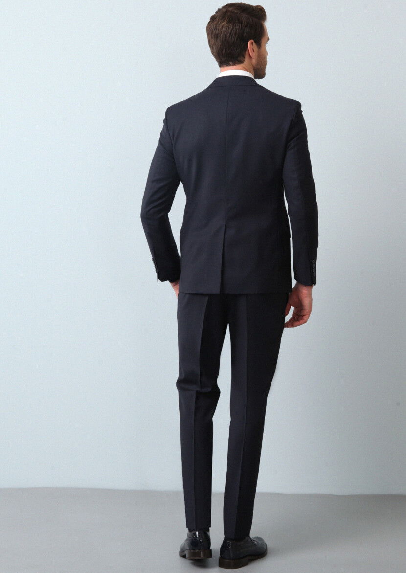 Lacivert Çizgili Modern Fit %100 Yün Takım Elbise - 5