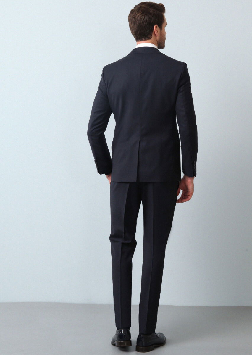 Lacivert Çizgili Modern Fit %100 Yün Takım Elbise - 5