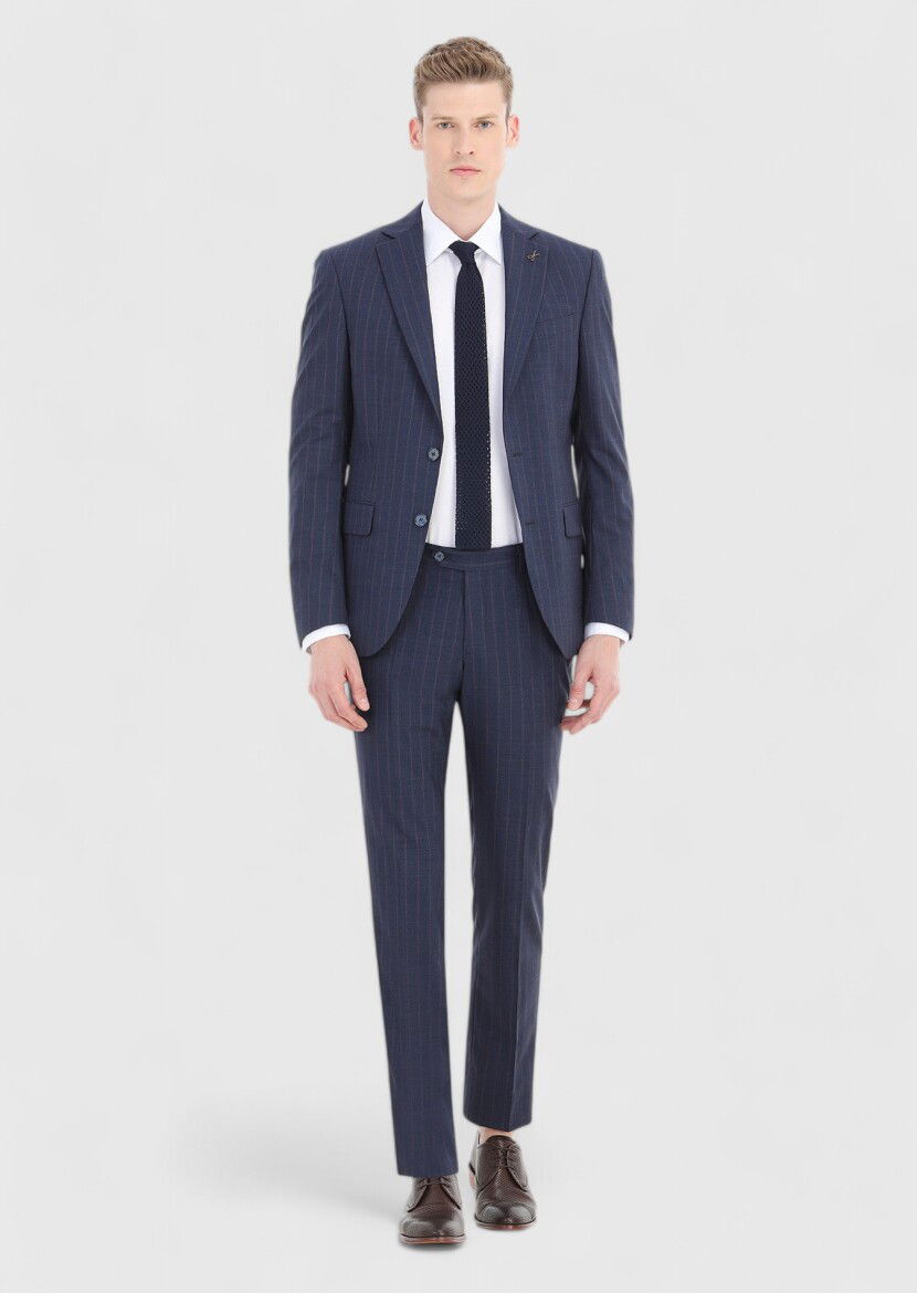 Lacivert Çizgili Modern Fit %100 Yün Takım Elbise - 1