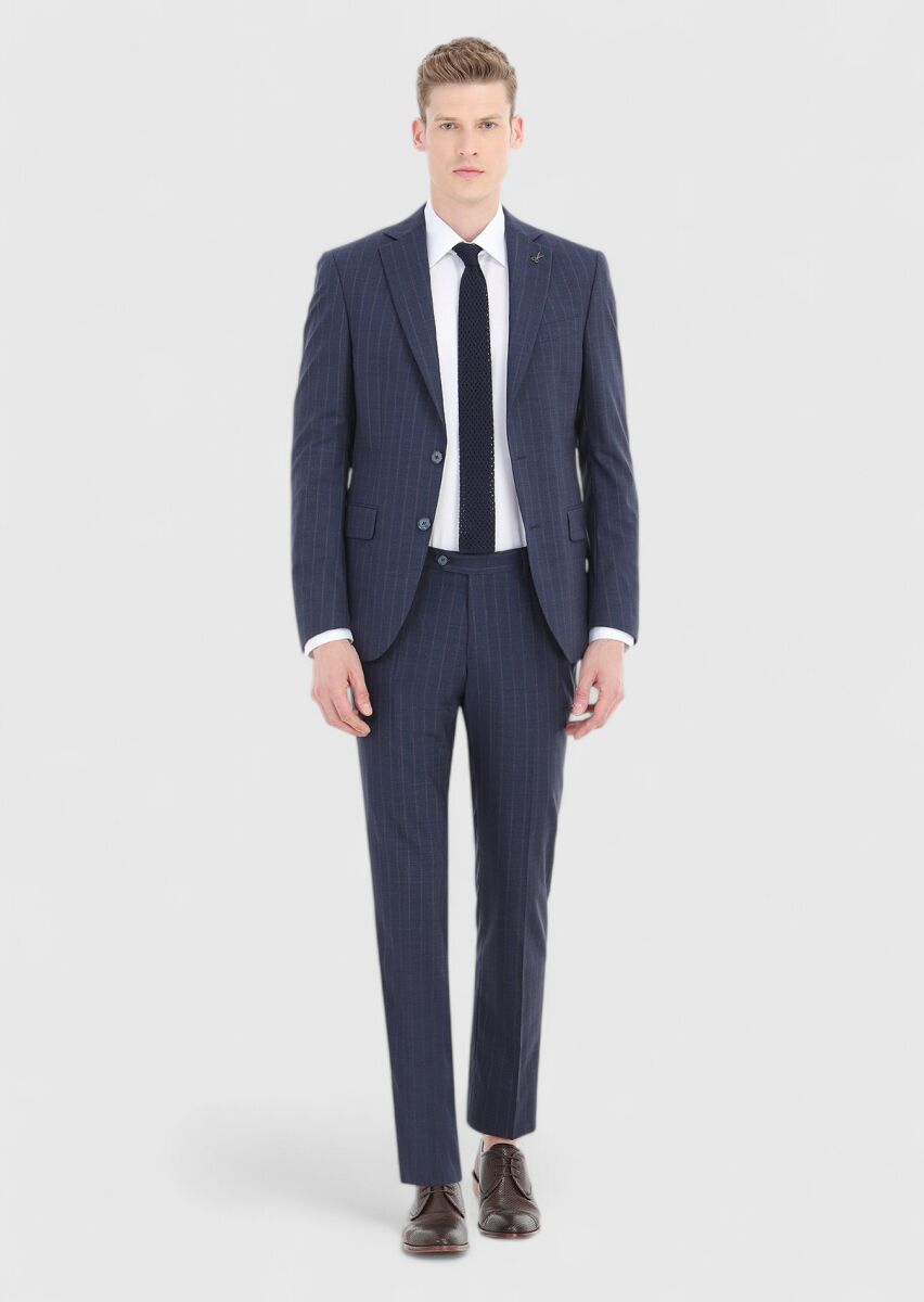 Lacivert Çizgili Modern Fit %100 Yün Takım Elbise - 1