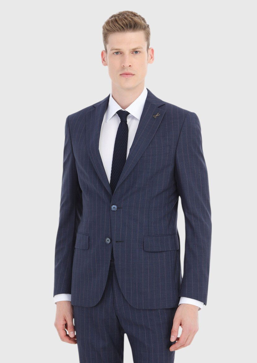 Lacivert Çizgili Modern Fit %100 Yün Takım Elbise - 2