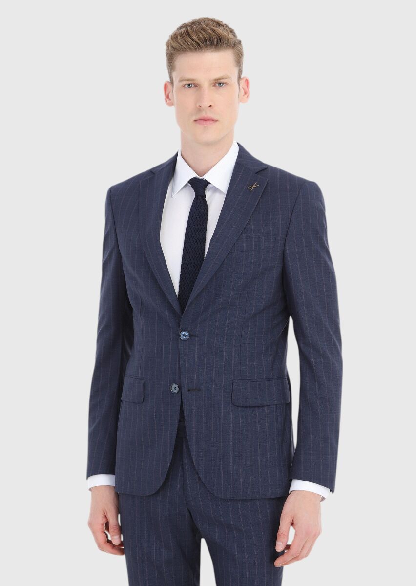 Lacivert Çizgili Modern Fit %100 Yün Takım Elbise - 2