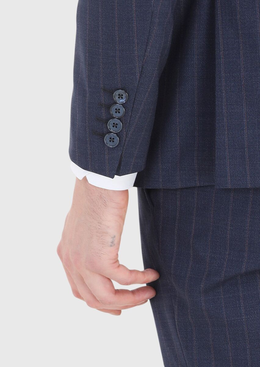 Lacivert Çizgili Modern Fit %100 Yün Takım Elbise - 4