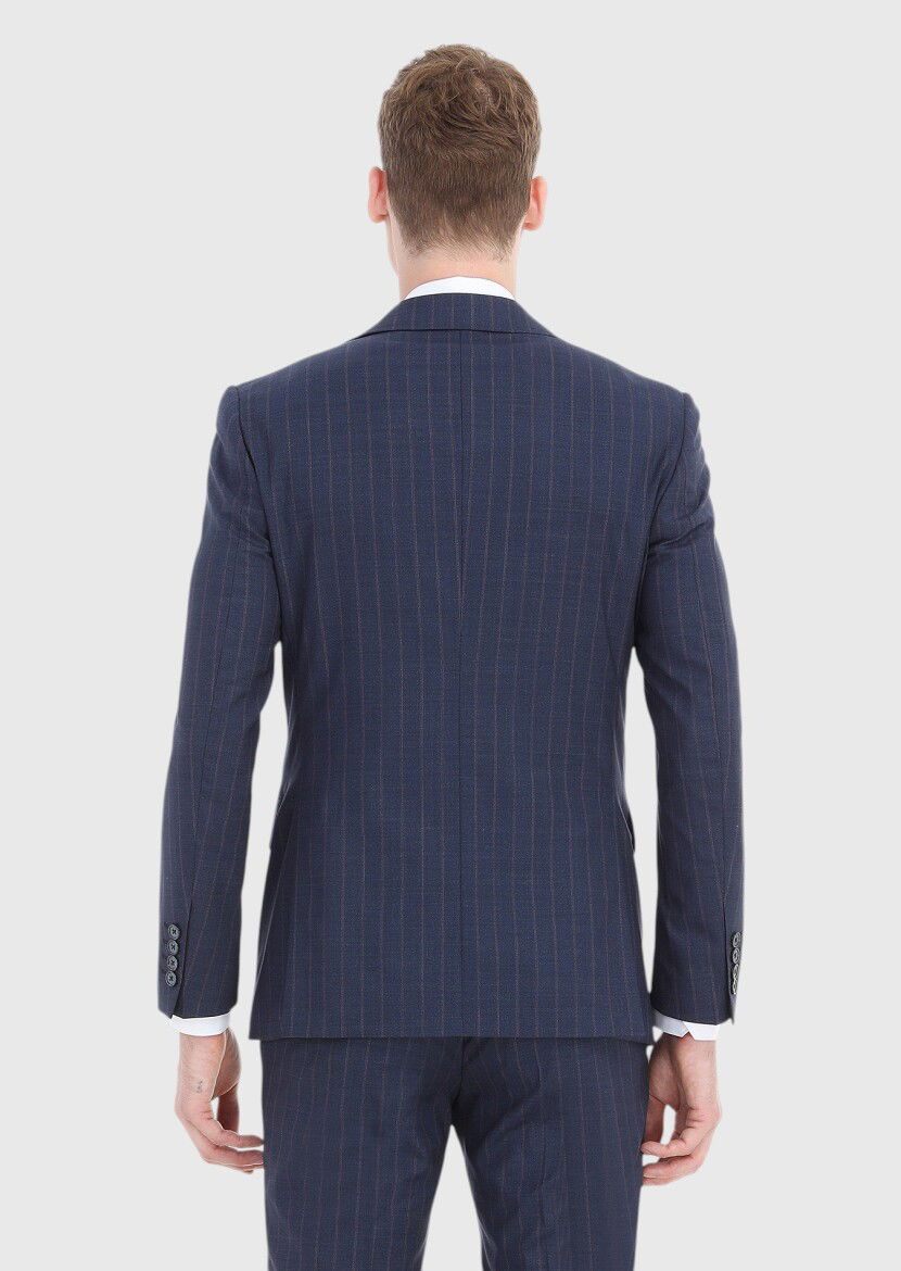 Lacivert Çizgili Modern Fit %100 Yün Takım Elbise - 5