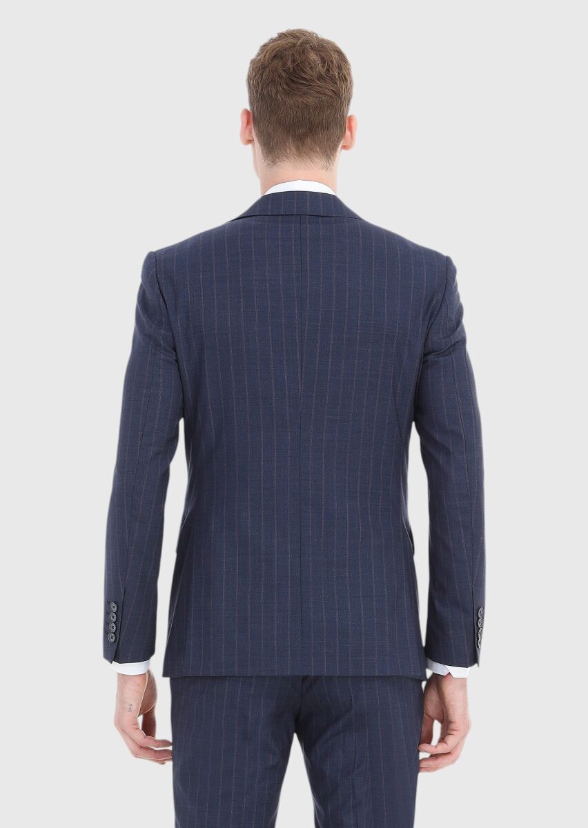 Lacivert Çizgili Modern Fit %100 Yün Takım Elbise - 5