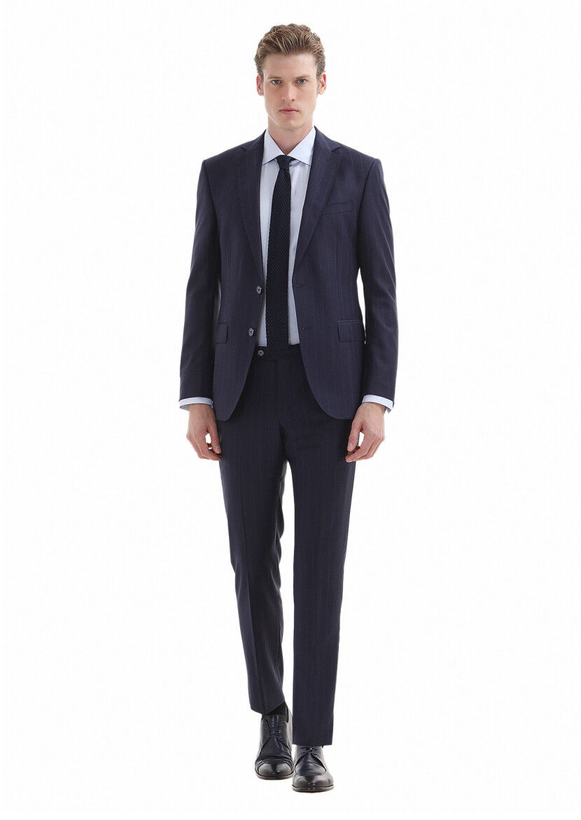 Lacivert Çizgili Modern Fit %100 Yün Takım Elbise - 1