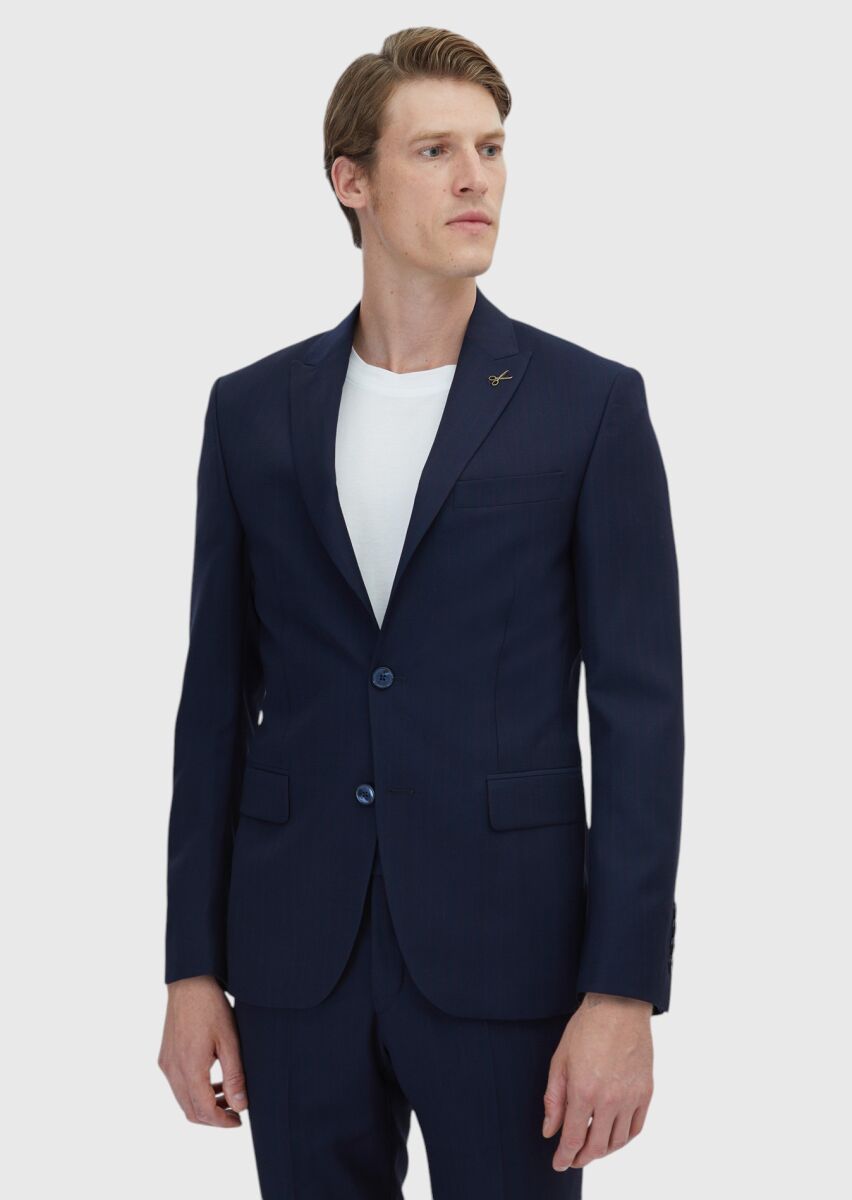 Lacivert Çizgili Modern Fit %100 Yün Takım Elbise - 1